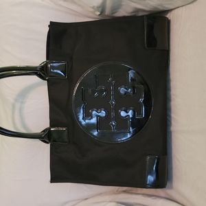 Tory Burch Womens Tote Shoulder Bag Black Nylon Inner Pockets Dual Handle Snap L
